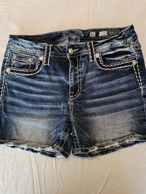 Miss Me Dark Blue Denim Shorts with Patriotic Embroidered Trim Style # M14EFH301